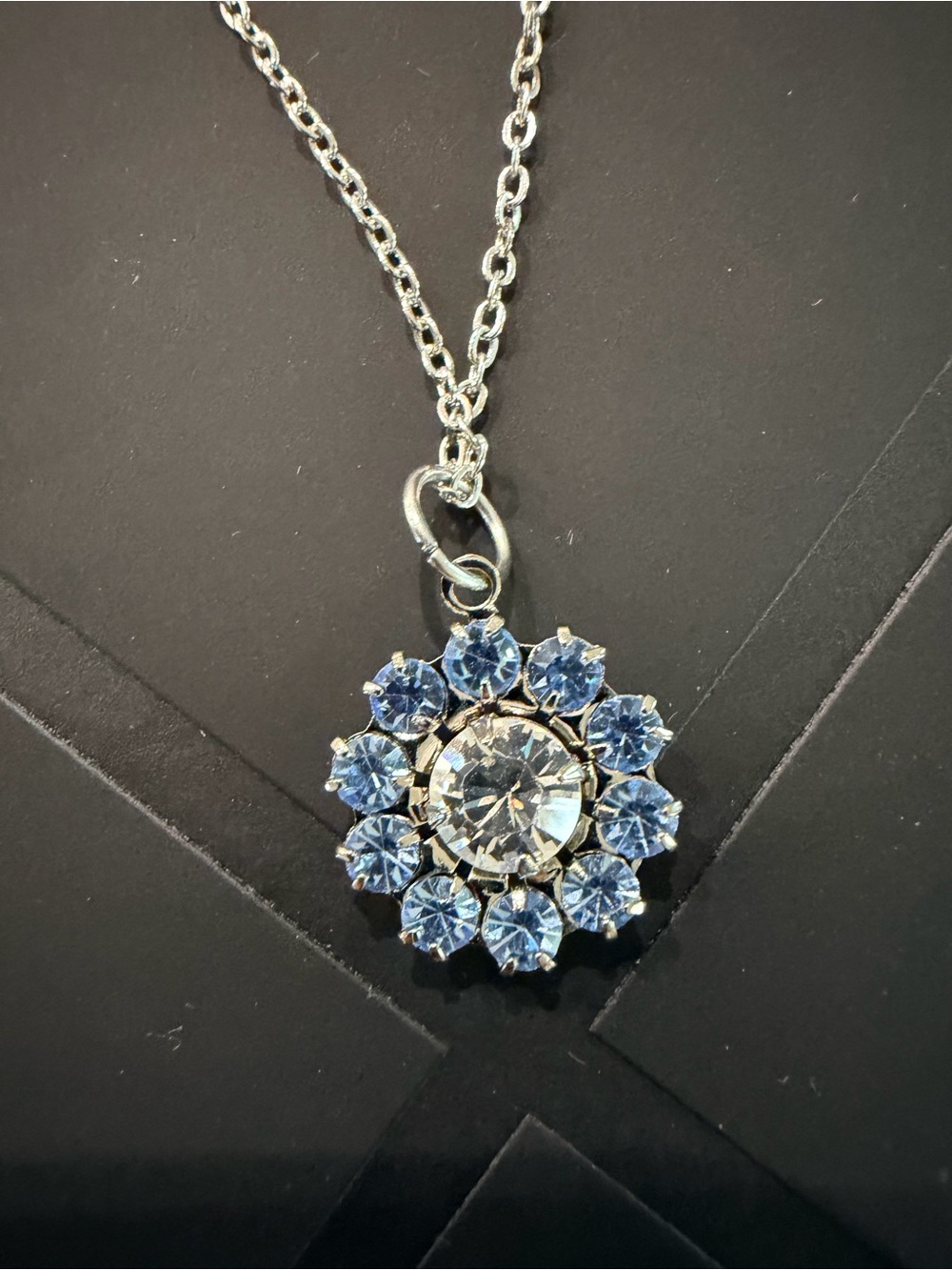 Silver Light Blue Rhinestone Flower Burst Cluster Pendant Necklace 18”
